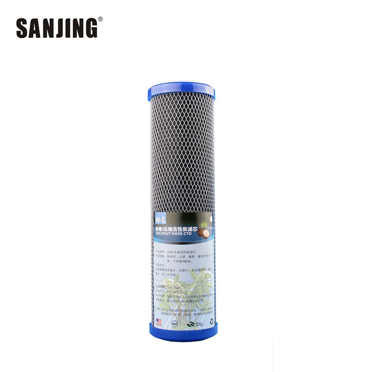 Venta al por mayor de 10 pulgadas cáscara de coco comprimido filtro de carbón activado CTO varilla de carbono plana eliminación efectiva de cloro y eliminación de olores purificador de agua elemento de filtro