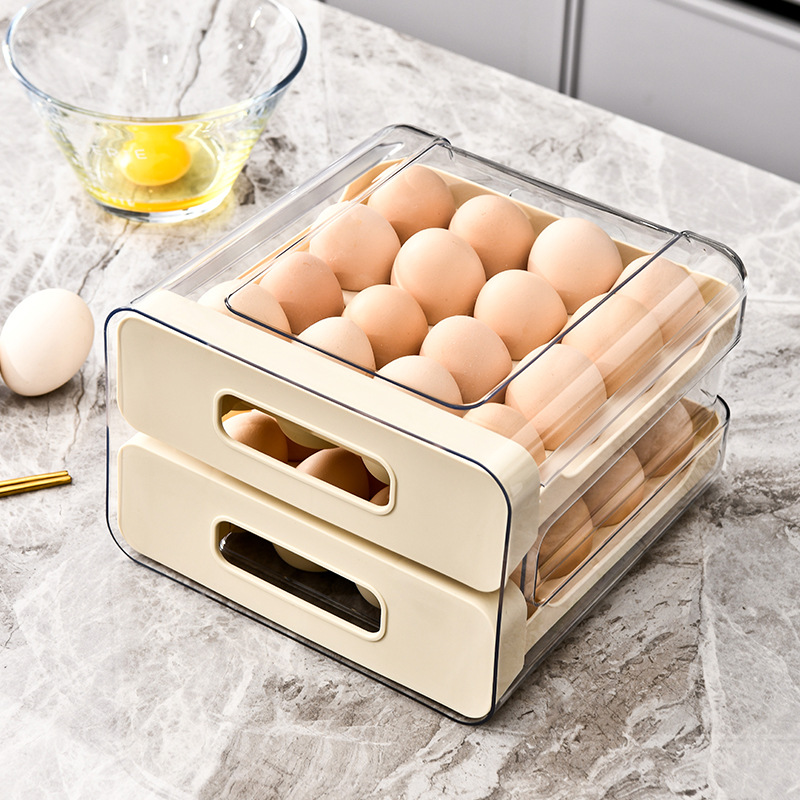 Caja de almacenamiento de plástico al por mayor tipo cajón, caja de almacenamiento de cocina para conservar la frescura, para uso doméstico, para almacenar huevos, almacenamiento de refrigerador de doble capa