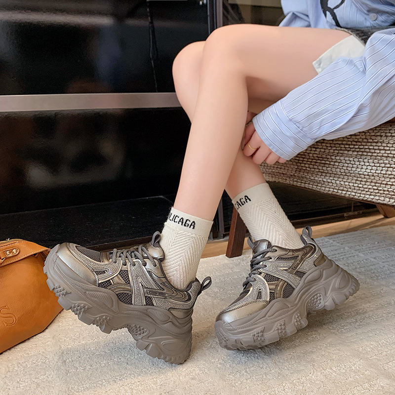 Soft Leather Rhinestone Dad Shoes for Women, Heavy-Duty 2025 Autumn New Style Mesh Breathable Sneakers, Trendy Casual Women's Shoes