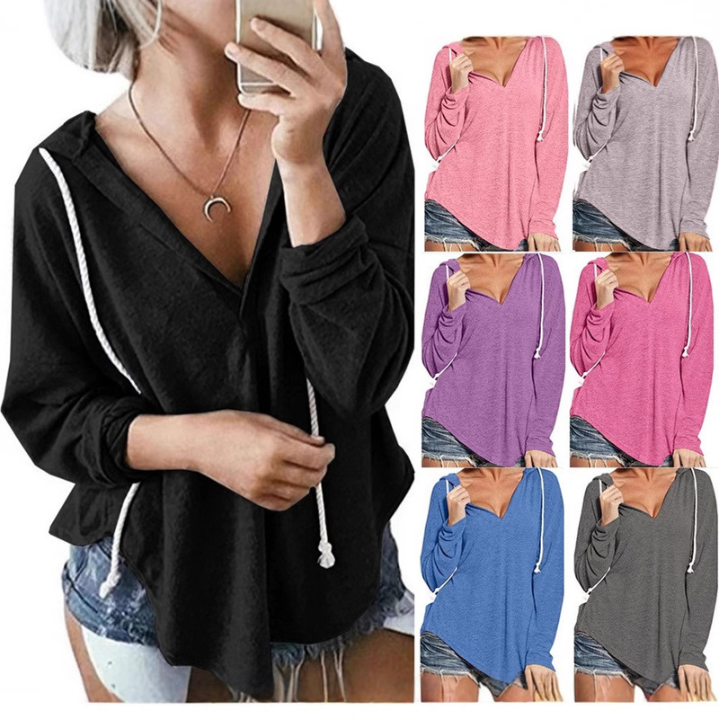 2025 Cross-border European and American Foreign Trade Explosions plus size Women's Wear Wish Best Selling V-neck Hooded Long Sleeve Fitness Top 2025 Cross-border European and American Foreign Trade Explosions plus size Women's Wear Wish Best Selling V-neck Hooded Long Sleeve Fitness Top