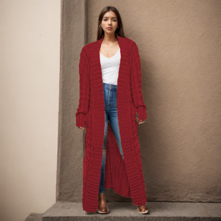 Damen-Strickjacke mit langen Ärmeln, einfarbig, langer Pullover, dicker Mantel_voghion.com