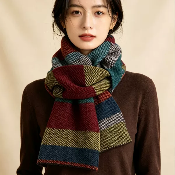 New Dongdaemun dopamine rainbow candy-colored knitted scarf, women's winter fashion striped warm neck warmer, Korean style