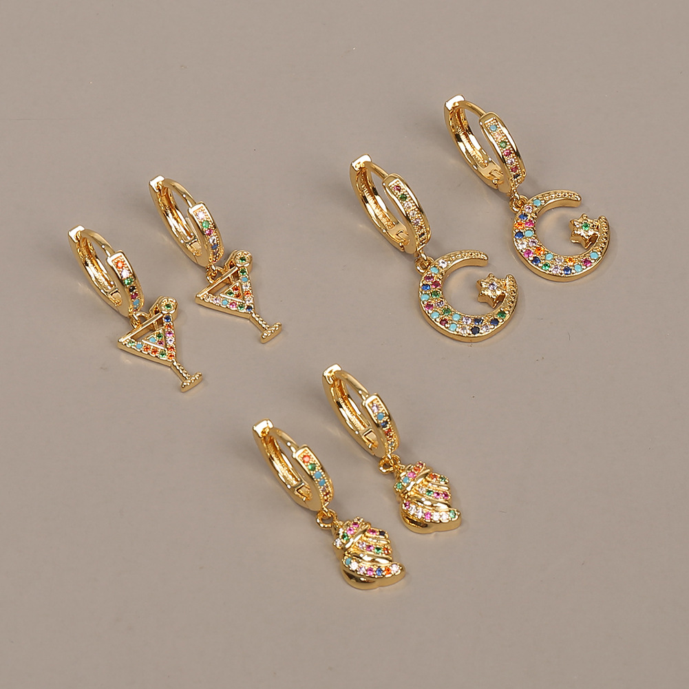 Fashion New Style Copper Color Zircon Moon Shell Wine Glass Earrings display picture 3