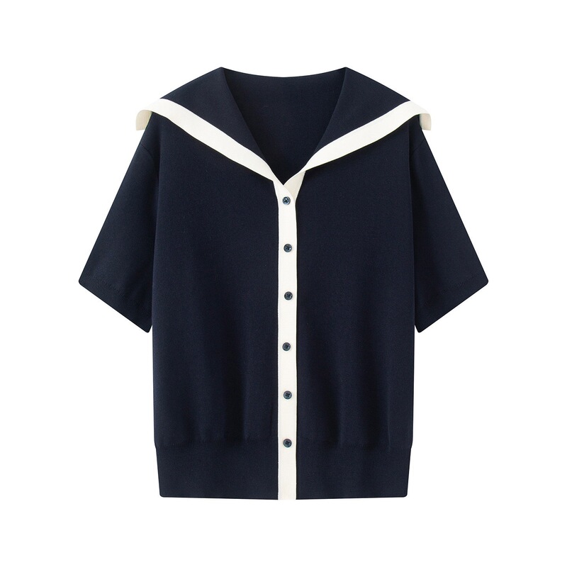 2026 New Summer Style Contrasting Color Button-Down Navy Collar Short-Sleeved Knitwear Cardigan Top for Women 2474