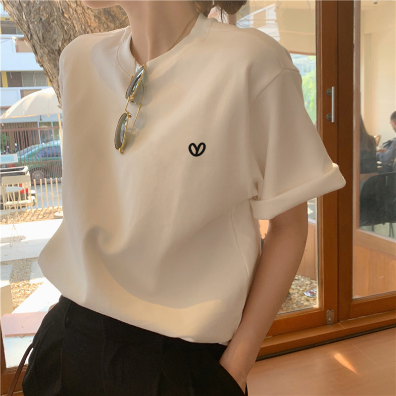 Shoulder Cotton Short-sleeved T-shirt Women's Fashionable All-match Simple White Top Thickened Base Shirt Spring Summer Autumn