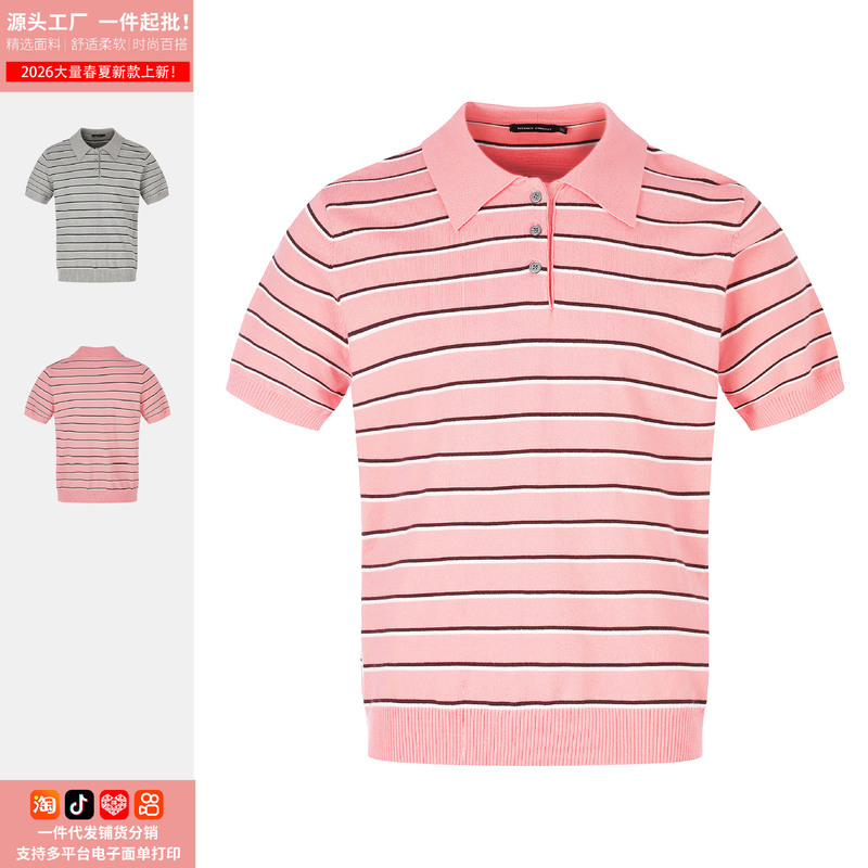 American Retro Old Money Style Striped Polo Shirt with Short Sleeves, Loose Fit, Casual Versatile Top for Men and Women, Direct from Manufacturer American Retro Old Money Style Striped Polo Shirt with Short Sleeves, Loose Fit, Casual Versatile Top for Men and Women, Direct from Manufacturer