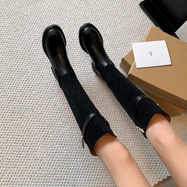 Коричневые сапоги с плоской подошвой, но не колено 2024 новые туфли с толстым каблуком Mayard коричневые рыцарские сапоги женские сапоги