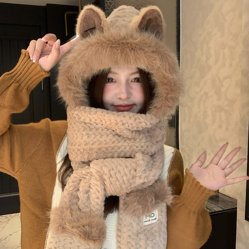 可爱狐狸耳朵毛绒帽子围巾一体女冬季护耳保暖帽学生围脖防寒防风|undefined