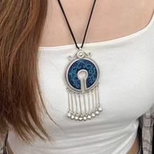 新款复古民族风高端刺绣圆形几何铃铛流苏项链时尚小众设计感颈链