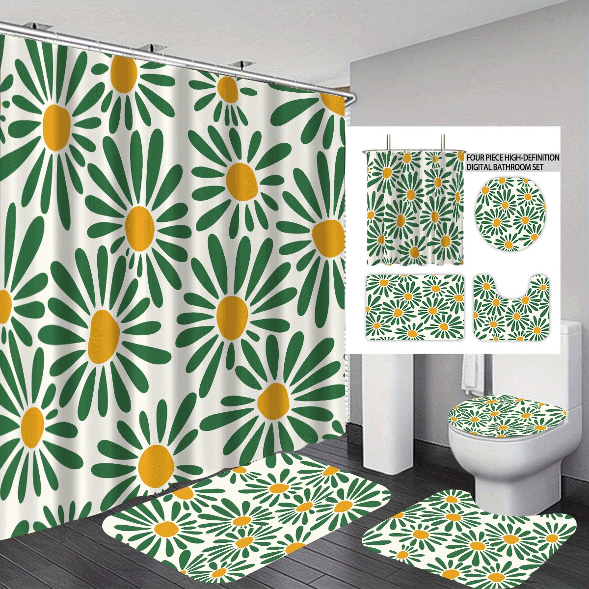 Agente de poliéster Mei Ke más cortina de baño impermeable serie de agua floral 3D impresión digital cortina de baño cuatro piezas alfombra absorbente