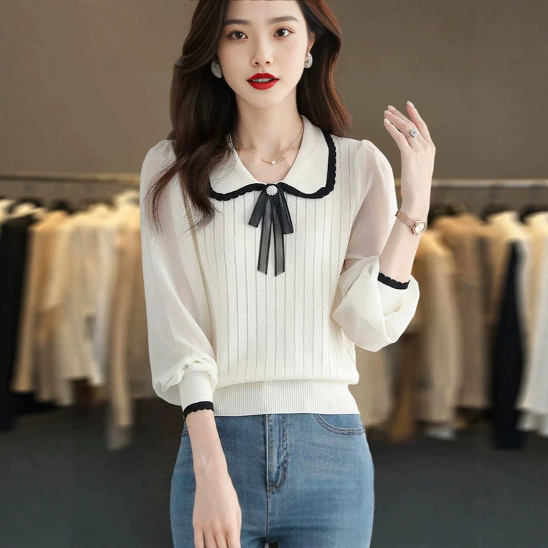 Polo collar long-sleeve t-shirt for women, 2026 autumn and winter new style, age-reducing ice silk knit top, stylish blouse, lace base shirt