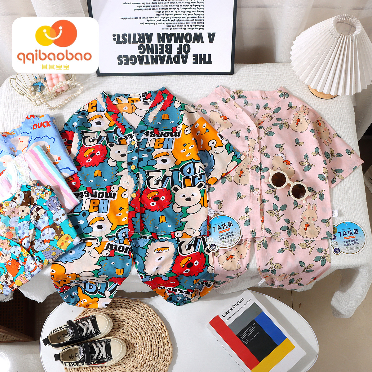 Niñas verano manga tres cuartos pijamas de seda de algodón de dibujos animados niños y niñas con aire acondicionado traje de servicio a domicilio bebé chaqueta fina verano