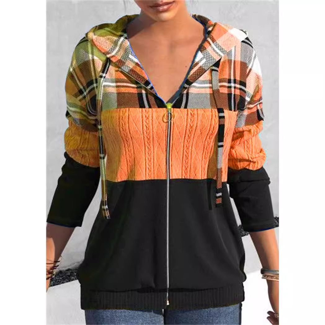 European and American cross-border Amazon spring and autumn 3D printed plaid color matching hooded sweater casual fashion zipper coat