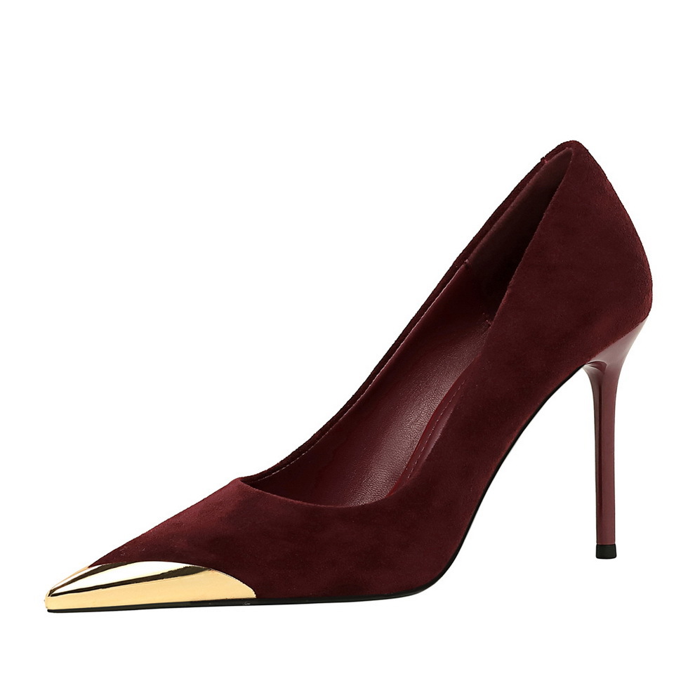 3739-32 European And American Style Banquet Women's High Thin Heels Suede Shallow Mouth Metal Pointed Iron Toe Slimming_vogvips.com