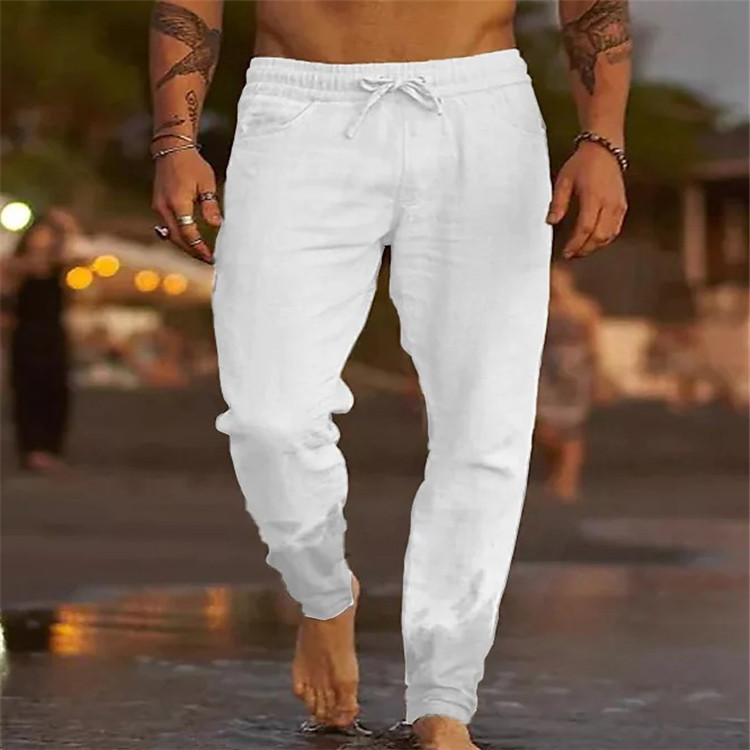 Nuovi pantaloni casual da spiaggia larghi in lino di cotone tinta unita con coulisse_voghion.com