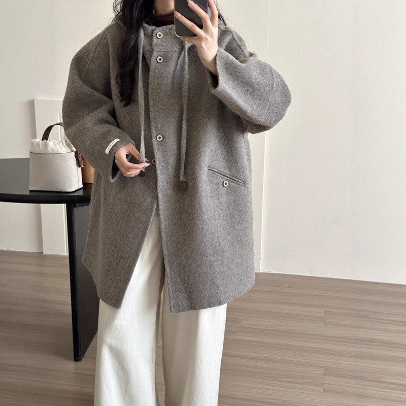 2025 New Thickeneded Hooded Double-Sided Cashmere Outwear Mid-Length Warm Single-Breasted Wool Double-Sided Outwear for Women