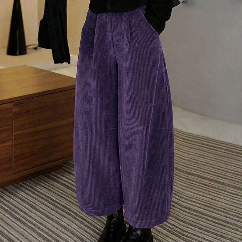 Corduroy Elastic Waistband Cropped Pants for Petite Women, Loose Casual Carrot Pants in Purple and Gray