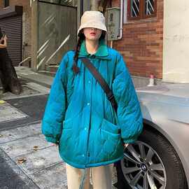 加厚菱格棉服外套女复古2022新款韩版宽松BF中长款棉衣女冬季潮