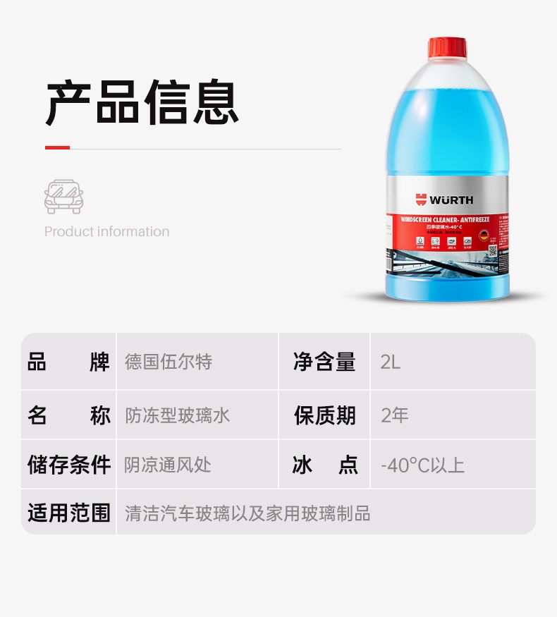 Wurth Auto Glass Cleaner, Powerful Stain and Oil Film Remover, Specialized Wiper Fluid Ethanol Concentrate for Tesla and BMW