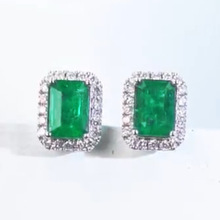 方形祖母绿锆石耳钉女士 珠宝天然绿宝石耳钉18k金镶嵌钻石彩宝石