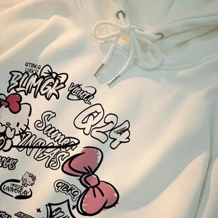 Sweet Japanese Style Cartoon Animation Bow Hello Kitty Hooded Velvet Printed Sweatshirt for Women Cute and Loose