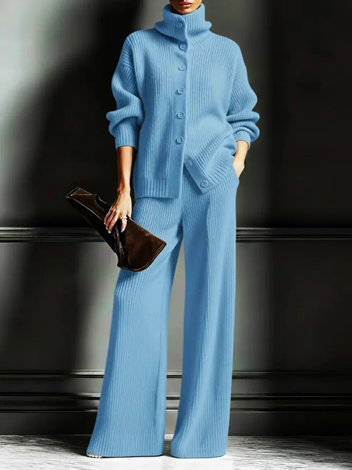 turtleneck Solid Color Cardigan Long-sleeved Top Wide-leg Pants Set Knitted 2-piece Set_ecoleips.com