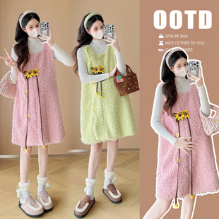 Real Shot in stock Autumn and Winter Thickened Sweater Base Solid Color Wool Sweet Loose Pregnant Women dress