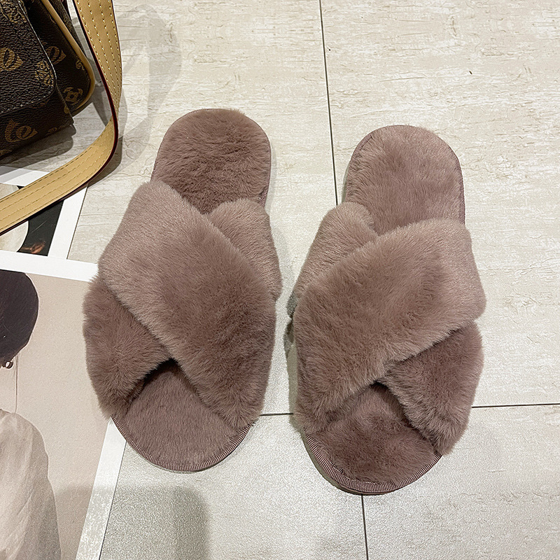 Pantuflas de lana cruzada de estilo explosivo transfronterizo para mujeres en otoño e invierno