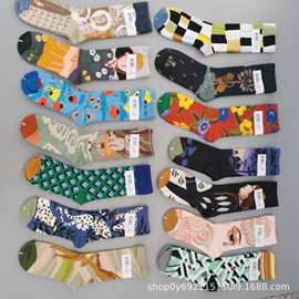 新品法国BM潮袜油画袜文艺彩色复古中筒小众女ins小腿袜一双包邮