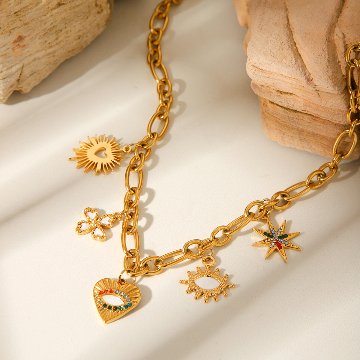304 Stainless Steel Material PVD Coated Real Gold Plated Star Heart Shape 304 Stainless Steel Casual Elegant Lady Waterproof Non Tarnish 304 Stainless Steel Multi Charms Necklace