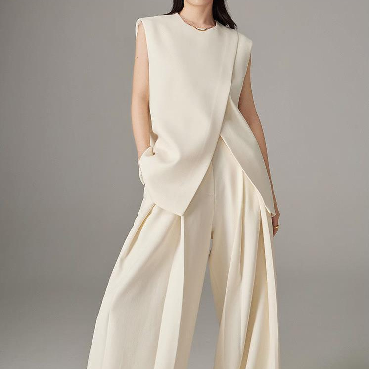 GraceChic Cross-Border Strong Twist Fabric Three-Dimensional Cutting Irregular Silhouette Draped Double Pleat Slimming Suit Vest_voghion.com