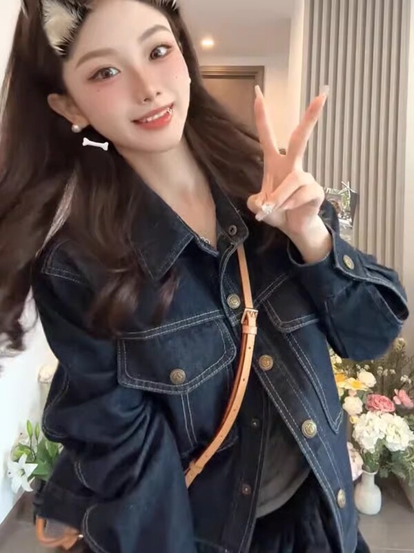 韩版时尚休闲翻领牛仔外套女秋季港风复古百搭洋气减龄夹克上衣潮|undefined