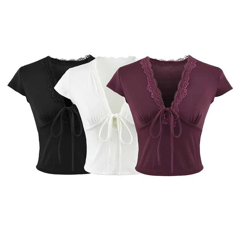 Lace Patchwork Tie-Up Crop Top for Women, Summer Style, Short Deep V-Neck Design, Slimming and Alluring Short-Sleeve T-Shirt