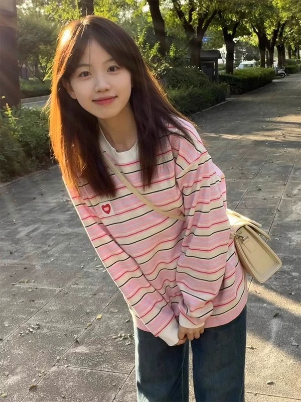 复古粉色条纹设计感纯棉长袖t恤女秋季氛围感宽松百搭情侣上衣ins|undefined