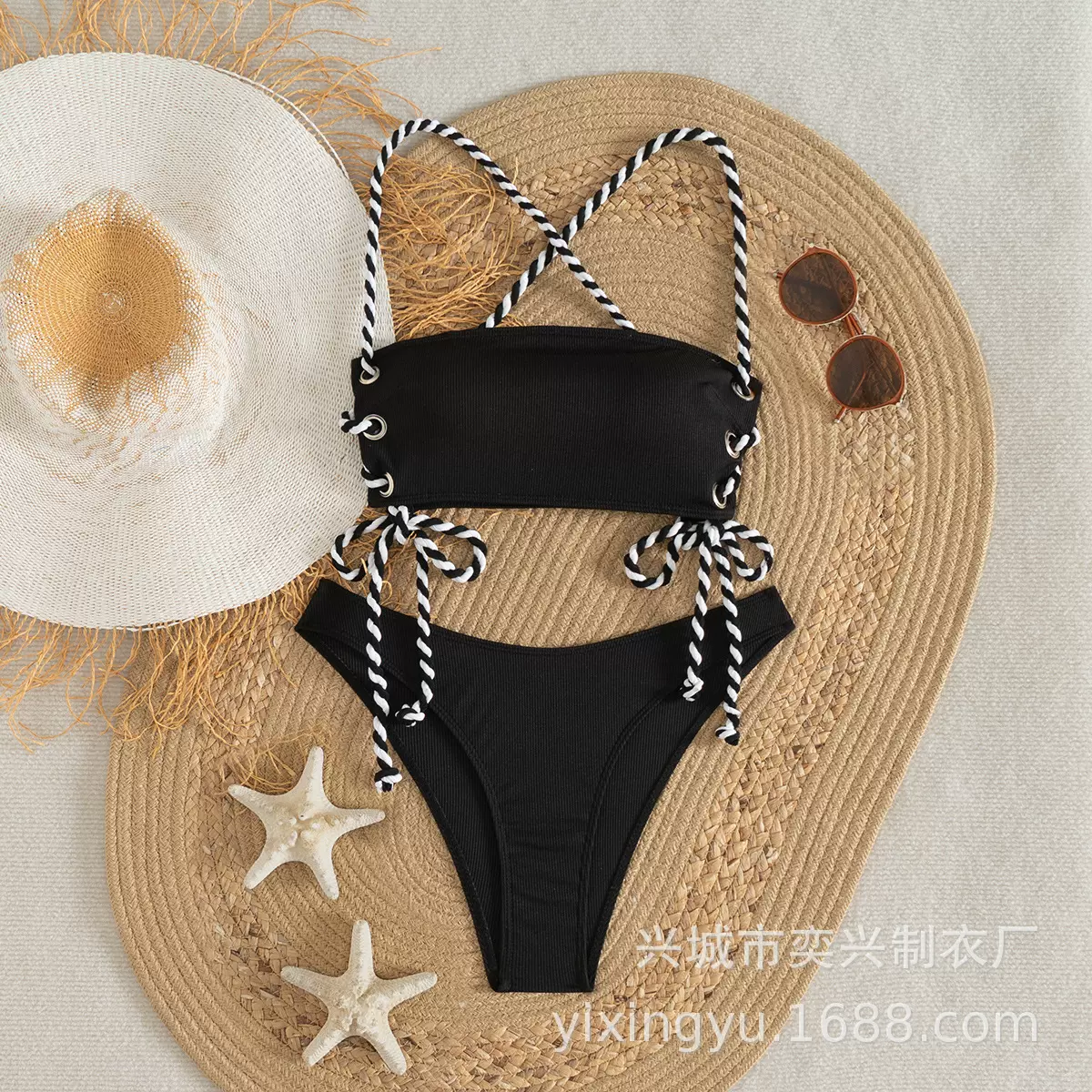 亚马逊跨境新款分体性感纯色比基尼女士泳衣欧美露腰休闲度假泳装