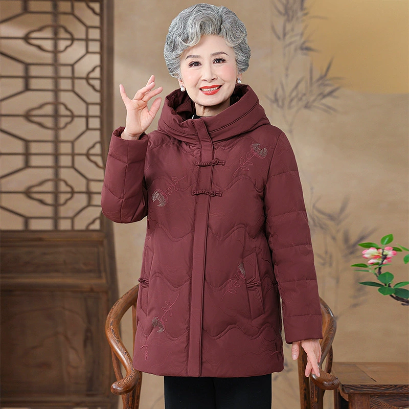 Мама Зимний пуховик женский средний и пожилой человек теплый 60 лет пожилая женщина одежда бабушка куртка с капюшоном