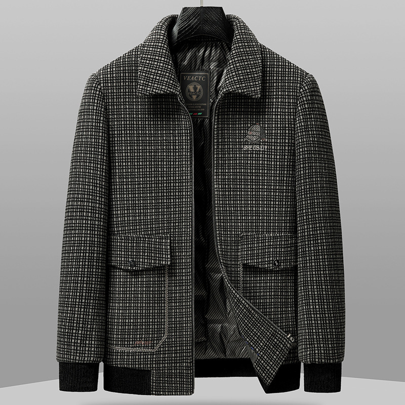 Winter new men's coat short white duck down liner tweed jacket men's lapel padded one generation of hair