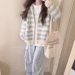 2025秋冬季新款奶油蓝条纹针织毛衣开衫女慵懒甜美拉链针织衫外套