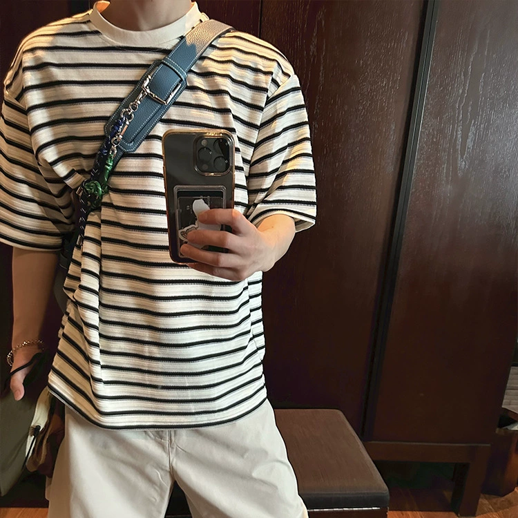 Американский ретро черно-белый полосатый хлопчатобумажный футболка для мальчиков летом маленький воротник с короткими рукавами