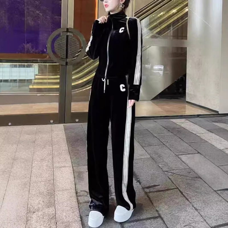 Golden Velvet Sports Leisure suit Women's 2024 New Autumn Loose European Station Jacket Wide Leg Pants Two-piece Set