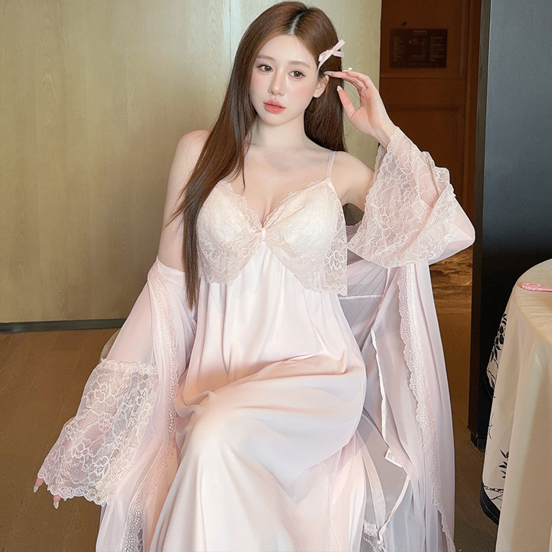 凌蕾春夏纯欲网纱睡裙花边蕾丝长袖两件套仙女风宫廷复古带胸垫|undefined