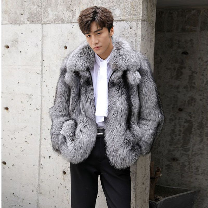New autumn and winter fur men's coats, fashionable and casual silver fox fur coats, thickened warm lapels, loose large size_voghion.com