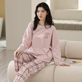 睡衣女春秋季2023年新款纯色长袖长裤纯棉大码卡通薄款家居服套装