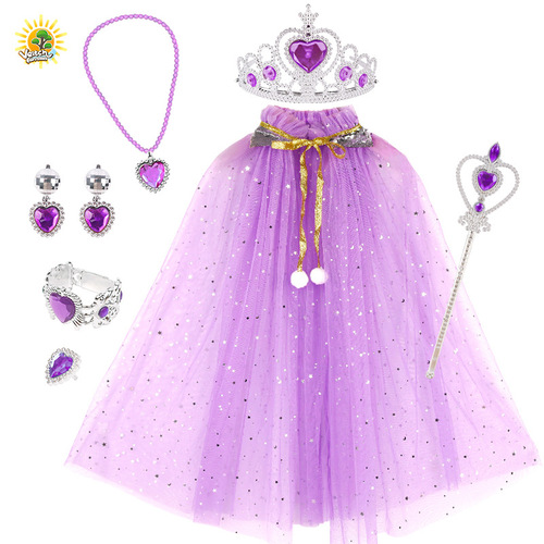 Vicky's Fairy Tale New Children's Girl Playing Queen's Cloak Scepter Crown Princess Bag Necklace Earrings Ring