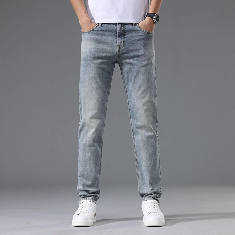 De alta gama de algodón puro 2025 nuevos jeans para hombres primavera y otoño nuevos pantalones largos elásticos azules retro sueltos rectos para hombres