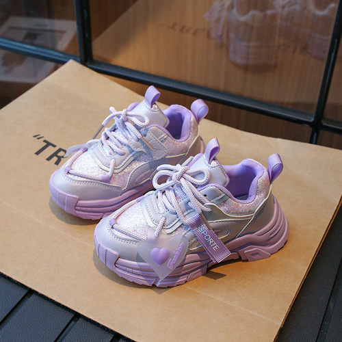 Children's Shoes Sports Shoes Autumn Middle-Size Kids Sparkling Heart Dad Shoes Korean Version Girl Casual Shoes