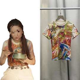 玫瑰的故事刘亦菲黄亦玫同款衣服穿搭彩色印花上衣女夏季短袖T恤