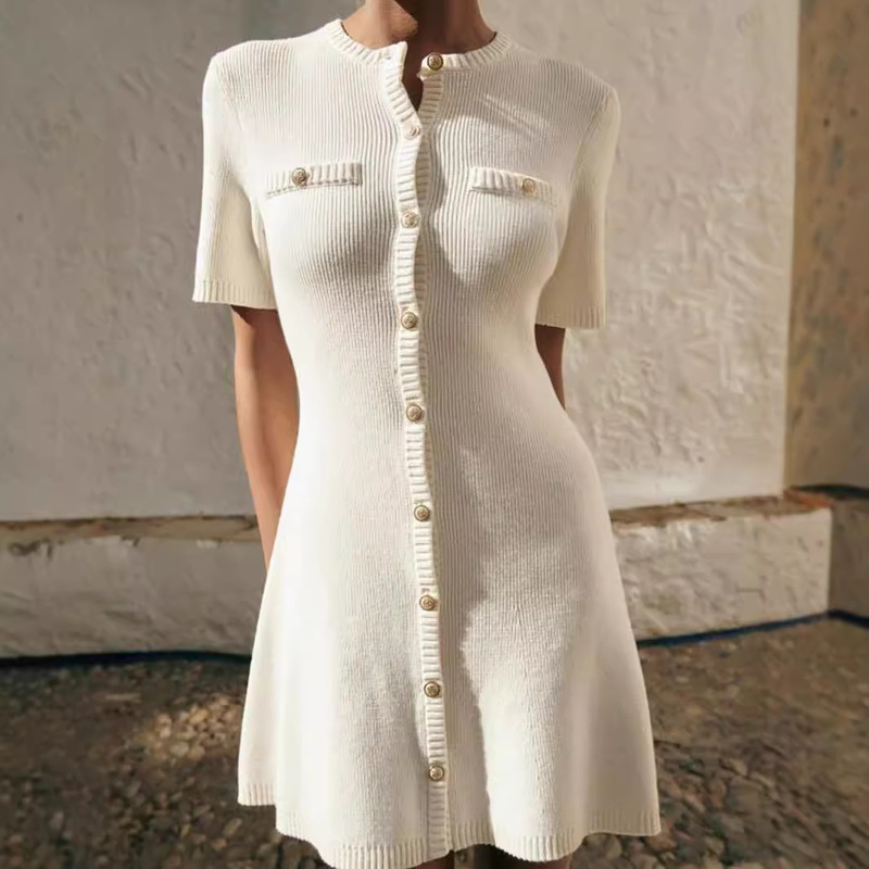 Autumn and Winter AliExpress Fashionable Round Neck Slim-fit Slimming dress Button Solid Color Fake Pocket A- line Knit Dress
