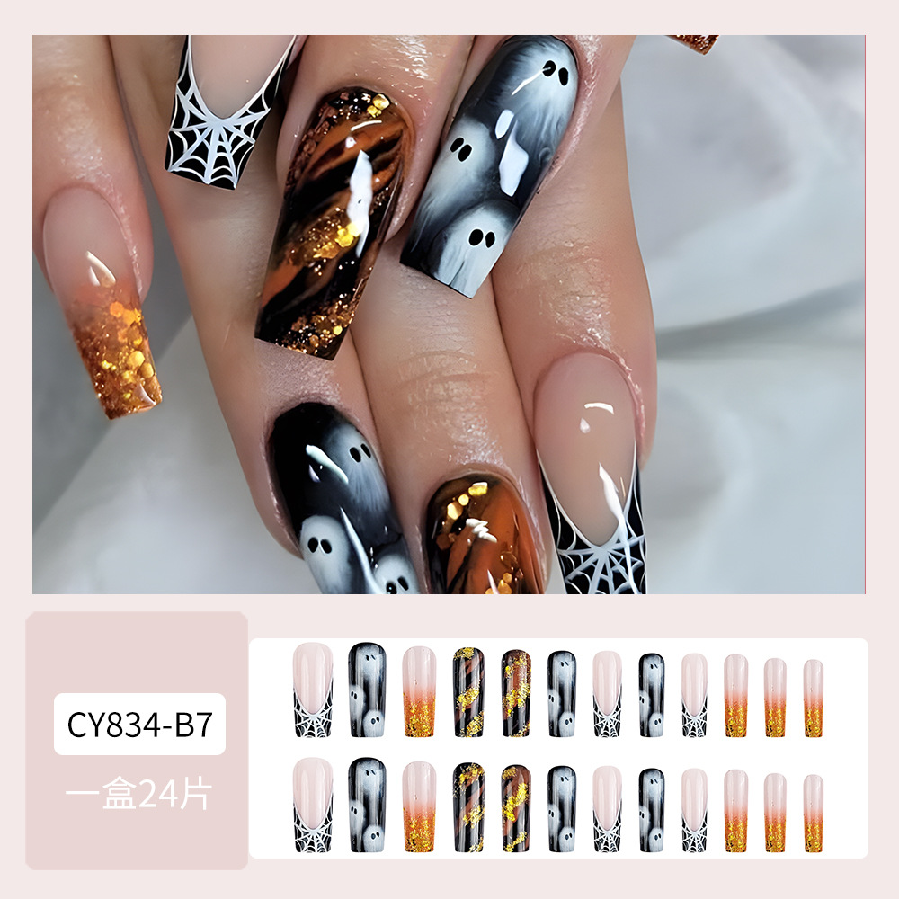 Telaraña de araña gradiente manicura, chicas calientes, polvo brillante, uñas falsas, productos al por mayor, fantasmas de Halloween, extraños, uñas