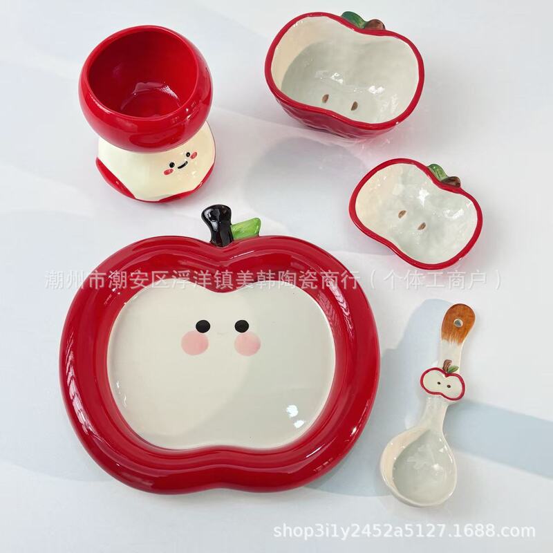 Cute Apple Tableware Plate and Bowl, High-Looking Household Ceramic Tableware, Rice Bowl, Dish Plate, Yogurt Cup, Spoon